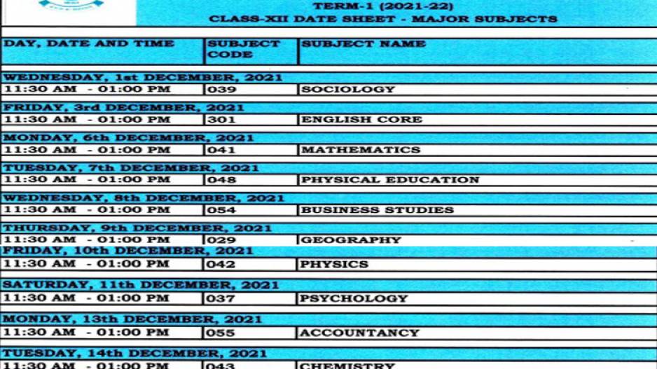 Timetable For Class 12