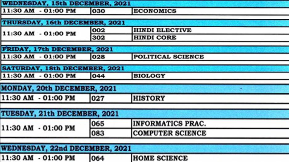 Timetable For Class 12