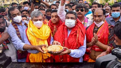 Ashwini Vaisnaw and Dharmendra Pradhan during their Visit to Lord Jagannath Temple, Puri