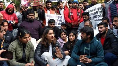 Wrestlers protesting at the Jantar Mantar