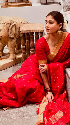 Jawan Star Nayanthara Dazzles In Gorgeous Red Saree Photoshoot