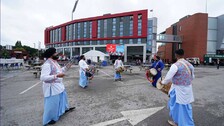 Fans Play Drums Outside Old Trafford Cricket Stadium
